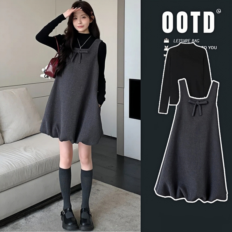 Maternity Wear'Timeless' Korean Style Simple Bowknot Floral Tank Dress Autumn and Winter Maternity Dress Set Maternity Wear'Timeless' Korean Style Simple Bowknot Floral Tank Dress Autumn and Winter Maternity Dress Set