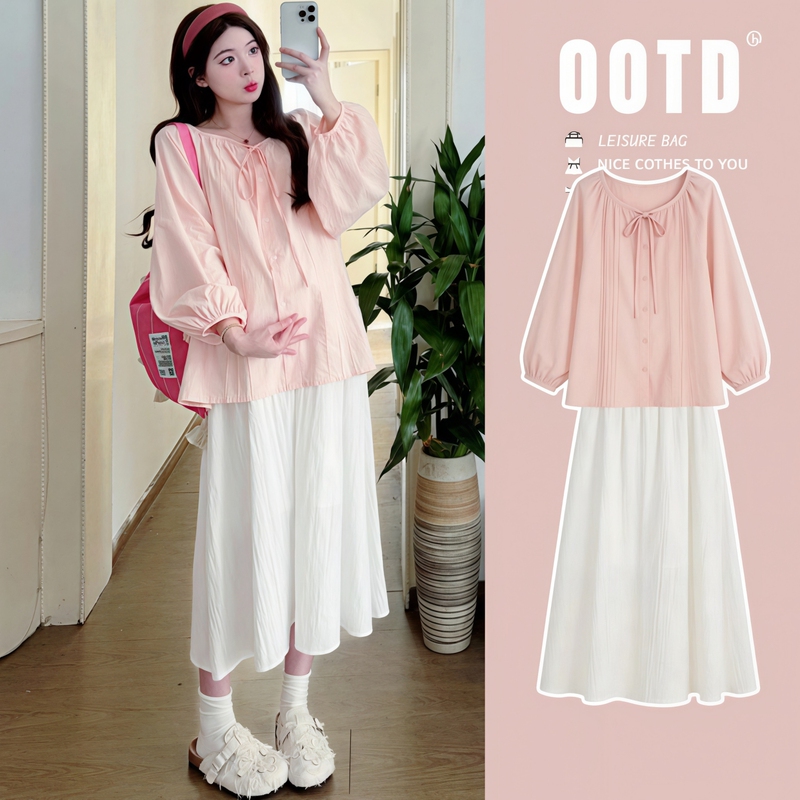 Maternity Wear "Pink Sweet Shirt" Maternity Spring Outfit Set Korean Style Loose Babydoll Shirt Top and Skirt Two-Piece Set