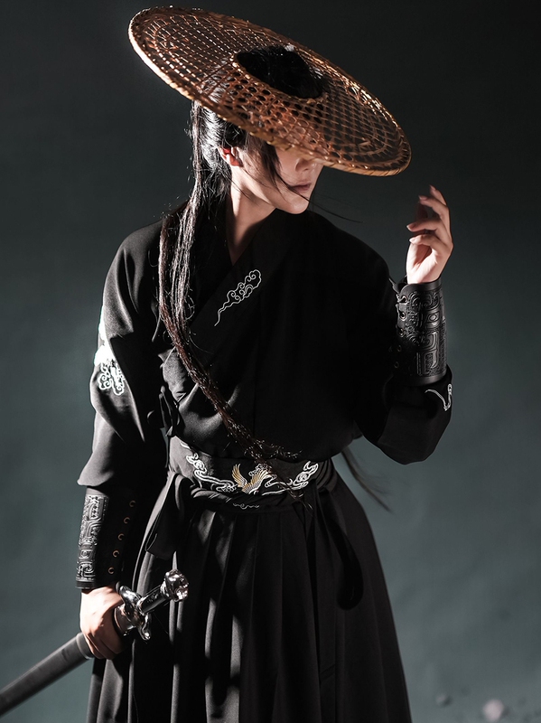 Hanfu Men's Clothing, Ancient Style, Handsome Swordsman, Embroidered Cross-Collar, Unisex Black and Red Cross-Collar Full Set, Cool and Stylish Hanfu, Not Traditional Costume