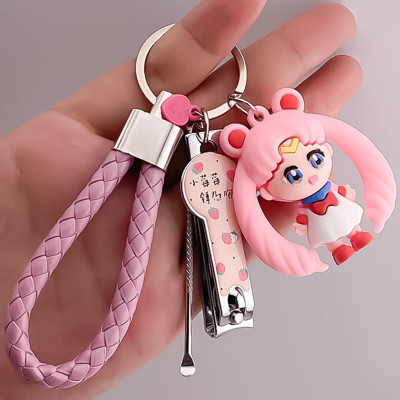 Cartoon Sailor Moon Keychain Doll Strawberry Nail Clipper Bag Pendant Car Keychain Ear Pick Set