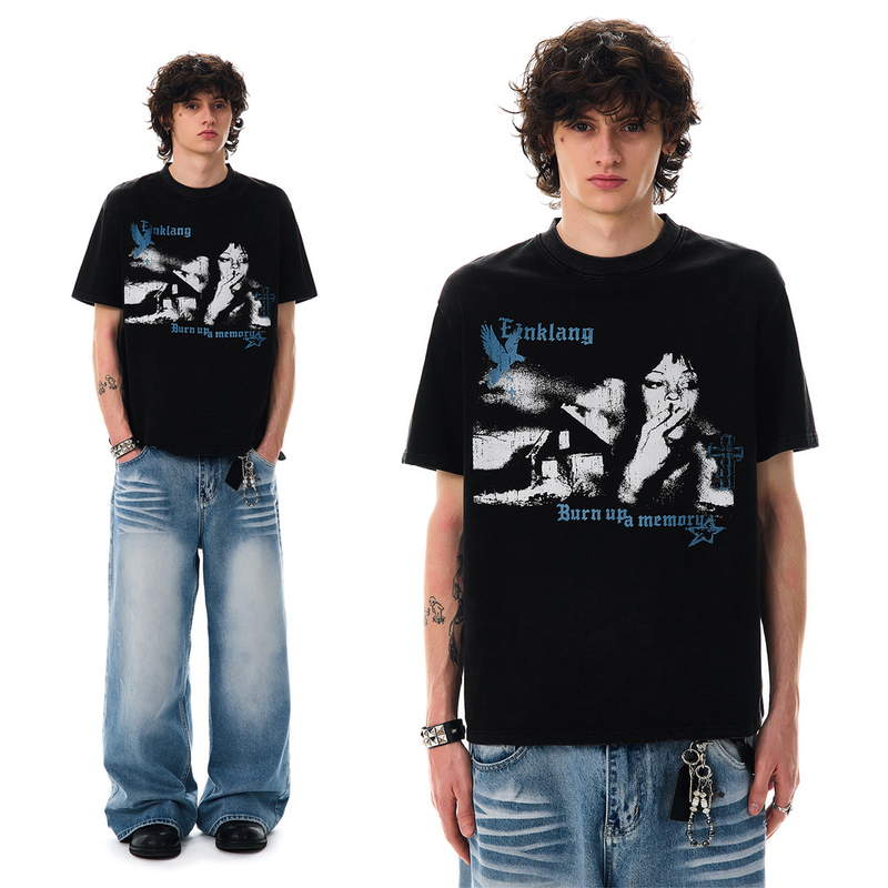 Oevb Original Trendy Brand Portrait Print Short-Sleeve T-Shirt for Men and Women, New Summer Style, Washed and Distressed Black Regular Shoulder Top Oevb Original Trendy Brand Portrait Print Short-Sleeve T-Shirt for Men and Women, New Summer Style, Washed and Distressed Black Regular Shoulder Top