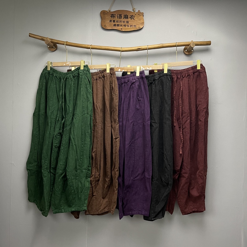 Vintage Women's Pants in Coarse Weave Pure Linen, 20-Piece Pumpkin Pants, Waistband 72 to 106, Length 92, Special Price