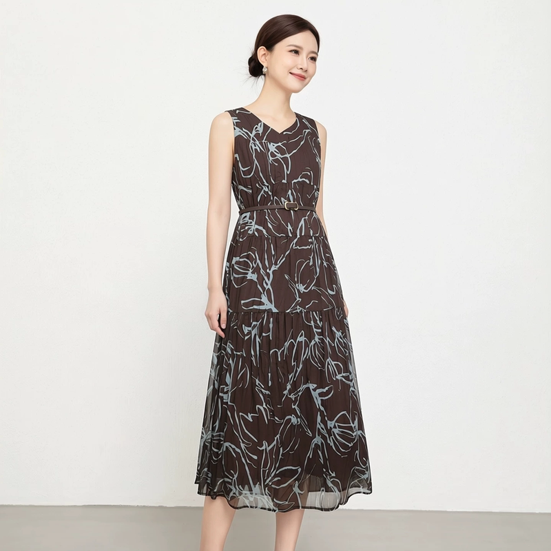 Buheng Good Quality French Sleeveless Printed V-Neck Dress for Women, New Summer Elegant and High-End Long Dress