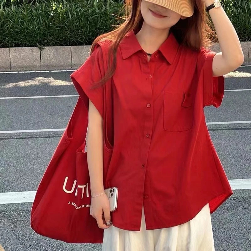 New Summer Red Versatile Short-Sleeved Shirt Korean Style Lapel Small Flutter Sleeves Loose Top Elegant Casual Shirt for Women New Summer Red Versatile Short-Sleeved Shirt Korean Style Lapel Small Flutter Sleeves Loose Top Elegant Casual Shirt for Women