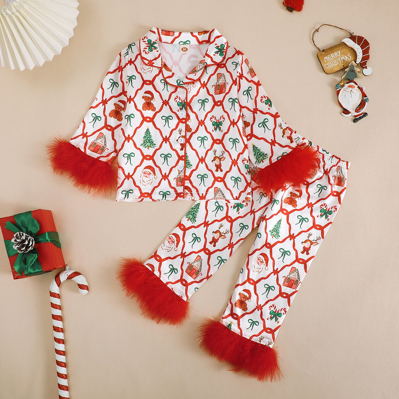 New Foreign Trade Children's Clothing Autumn Christmas Long-Sleeved Pajama Set with Bow Print Pajamas Children's Clothing Loungewear New Foreign Trade Children's Clothing Autumn Christmas Long-Sleeved Pajama Set with Bow Print Pajamas Children's Clothing Loungewear