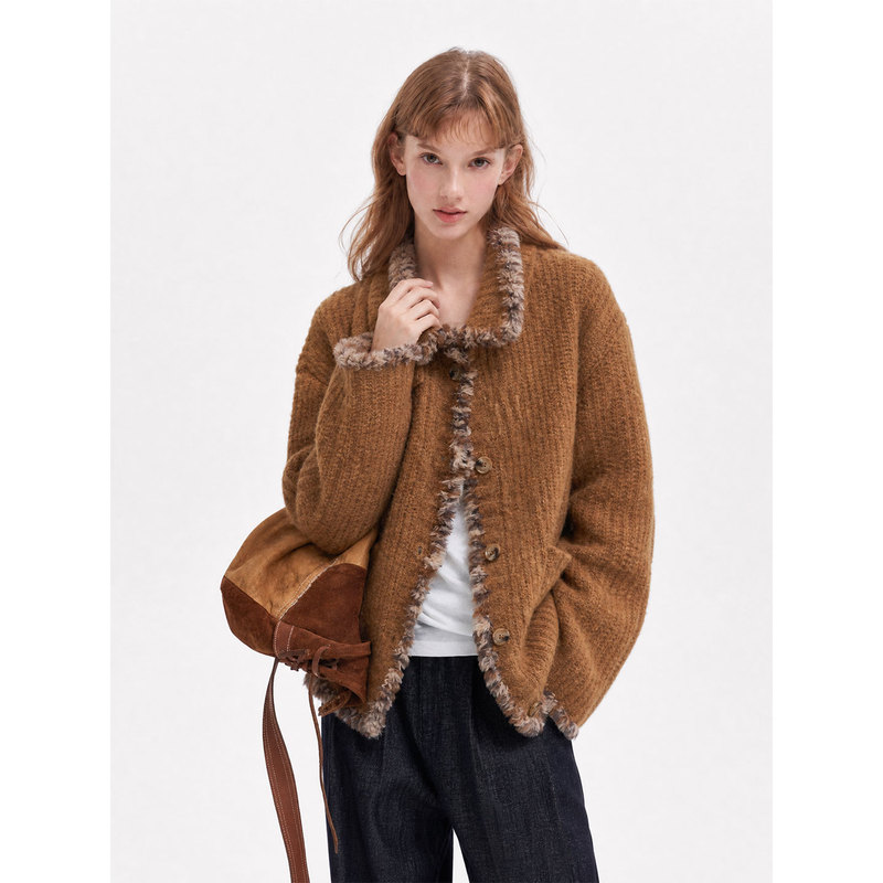Sometimes Sometimes Nordic Retro Loop Yarn Handmade Fringed Stand-Up Collar Sweater Cardigan for Women