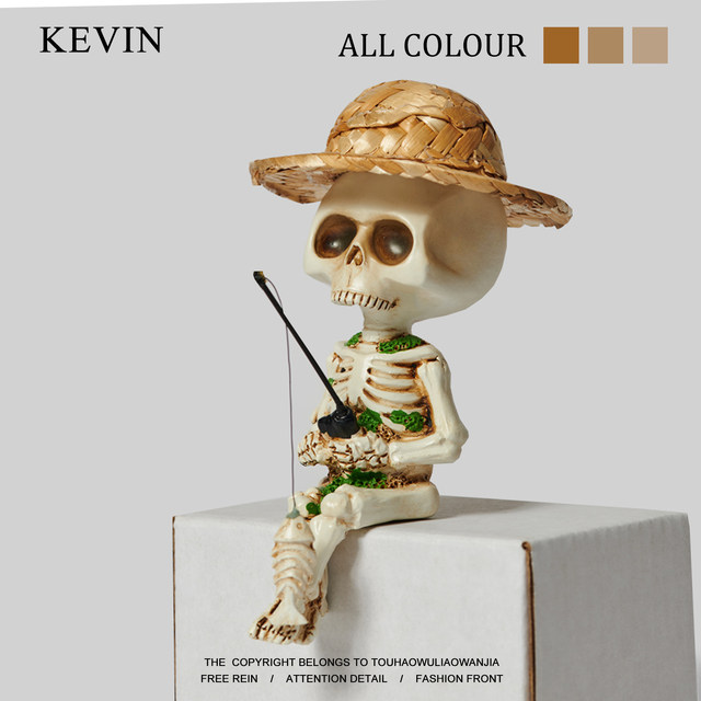 Kevin's home! Bored fishing with little skeletons. Creative and funny birthday gifts on desktop ornaments