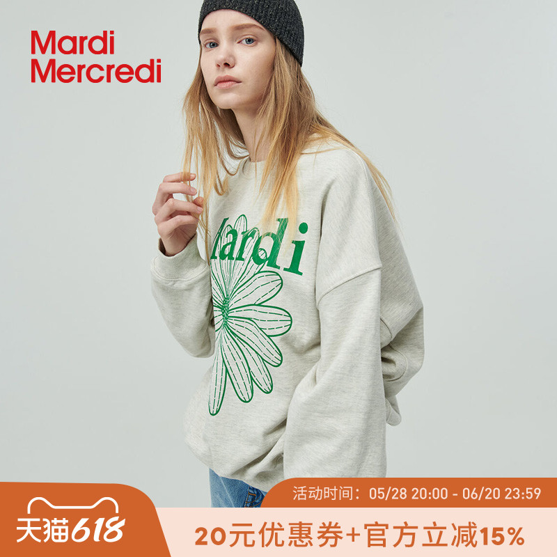 MardiMercredi クラシックデイジーラウンドネックプリントカジュアルスウェットシャツ 男女兼用 ゆったりトップス 韓国スタイル