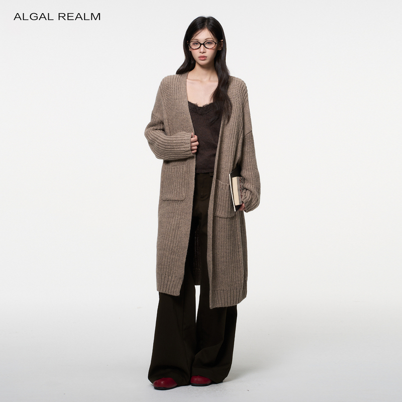 【Algal Realm Snow Algae Collection】Women's Mid-Length Wool Knit Cardigan, Solid Color, Drop Shoulder, Large Pocket Coat