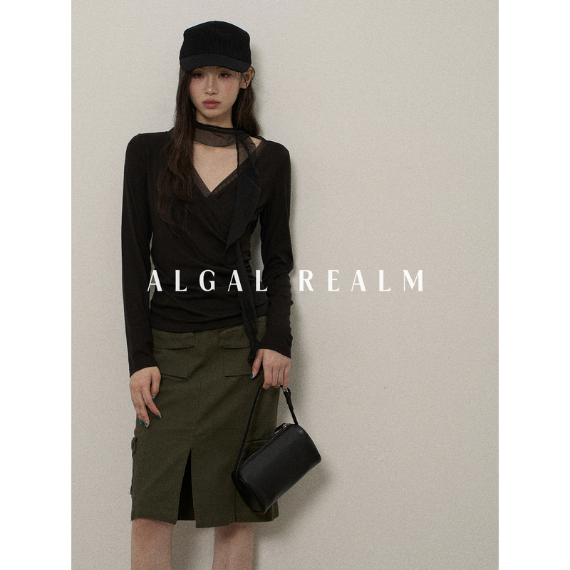【Algal Realm Snow Algae Collection】Pure Desire Mesh Halter Neck Ribbon V-Neck Long Sleeve Top Cross Slimming T-Shirt
