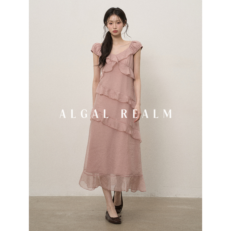 【Algal Realm Snow Algae Collection】Designed with a Sense of Style, Casual, Irregular Ruffled V-Neck Pink Dress