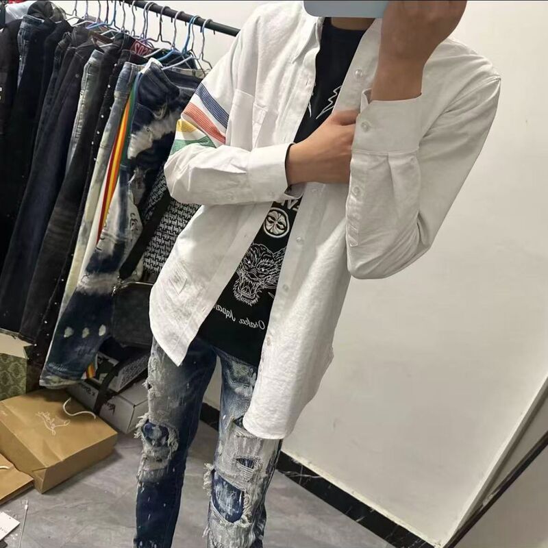 Trendy Long-Sleeve Rainbow Shirt for Men and Women, Casual Versatile Loose Fit Spring/Autumn Shirt Jacket