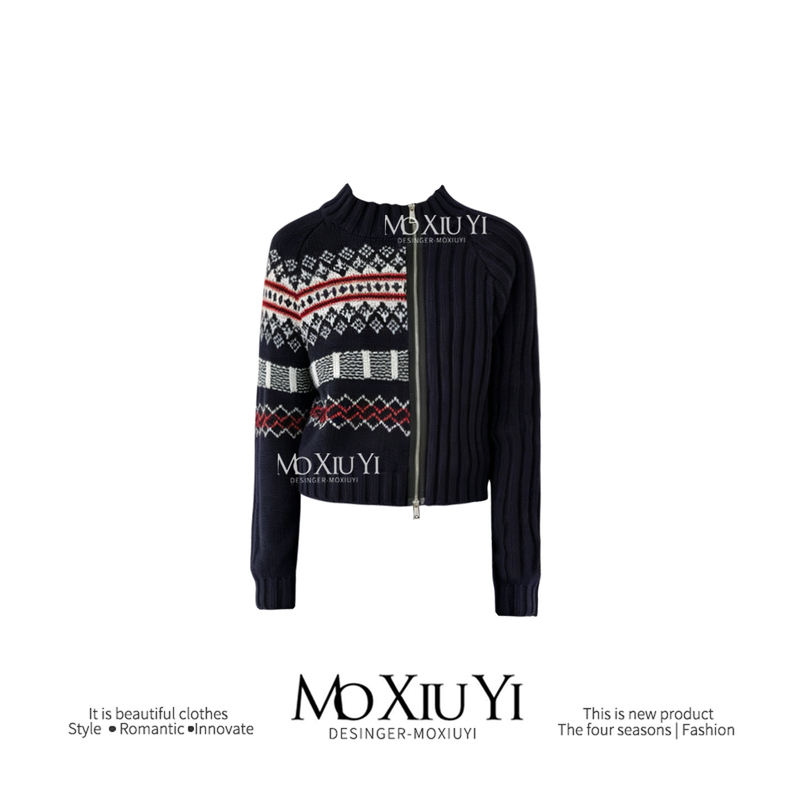 Moxiuyi Stud Heavy-Duty Special Knit Pattern Fair Isle Striped Asymmetrical Knitted Cardigan Sweater Jacket