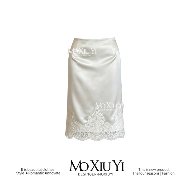 Moxi【In Stock】 "Silver Frost Jasmine” Mid-Length Straight Skirt 2026 Autumn New Lace Skirt