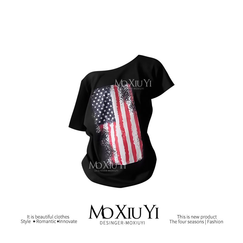 Moxiuyi【In Stock】American Style Hot Girl Flag Print Loose Off-Shoulder Short Sleeve T-Shirt Versatile Lazy Style Casual