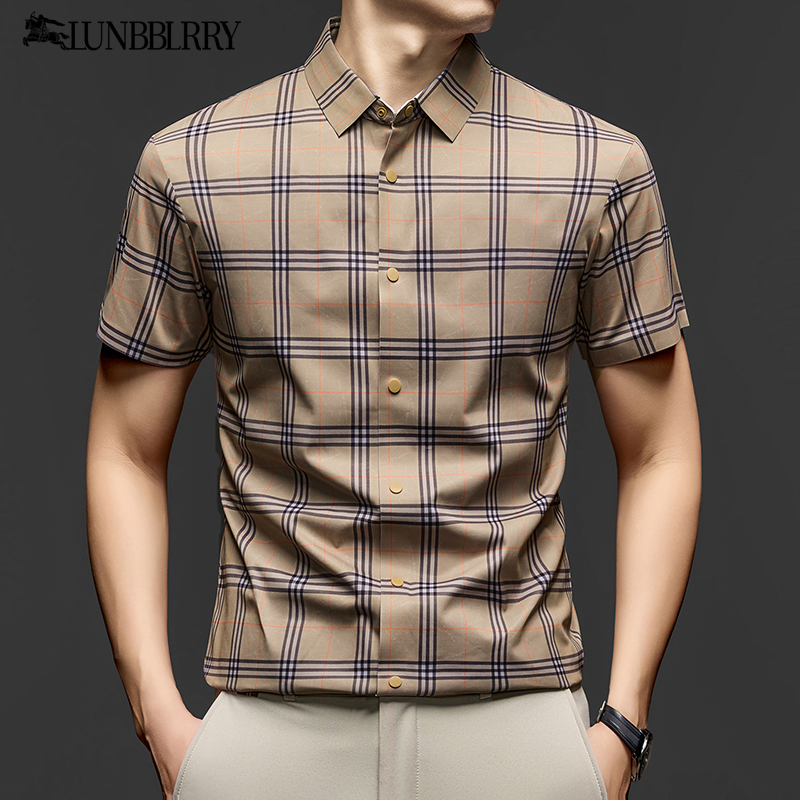 2026 Summer New Style Lumba Baoli Men's Short-Sleeved Shirt Casual Business Classy Plaid Mulberry Silk Shirt