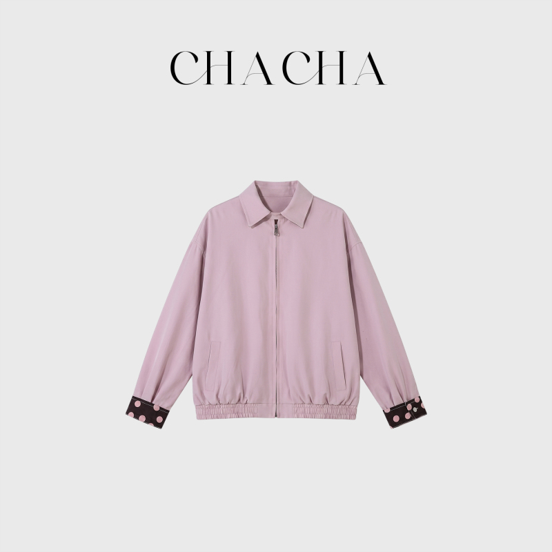 Chacha【Pink Mist Series】Casual, Fashionable and Versatile Pink Jacket with Brown Polka Dot Patchwork Chacha【Pink Mist Series】Casual, Fashionable and Versatile Pink Jacket with Brown Polka Dot Patchwork