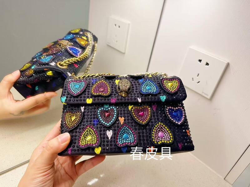 Kurt Geiger Colorful Heart-Shaped Rhinestone Studded Chain Flap Small Square Women's Bag New Hot Style French Style 20cm