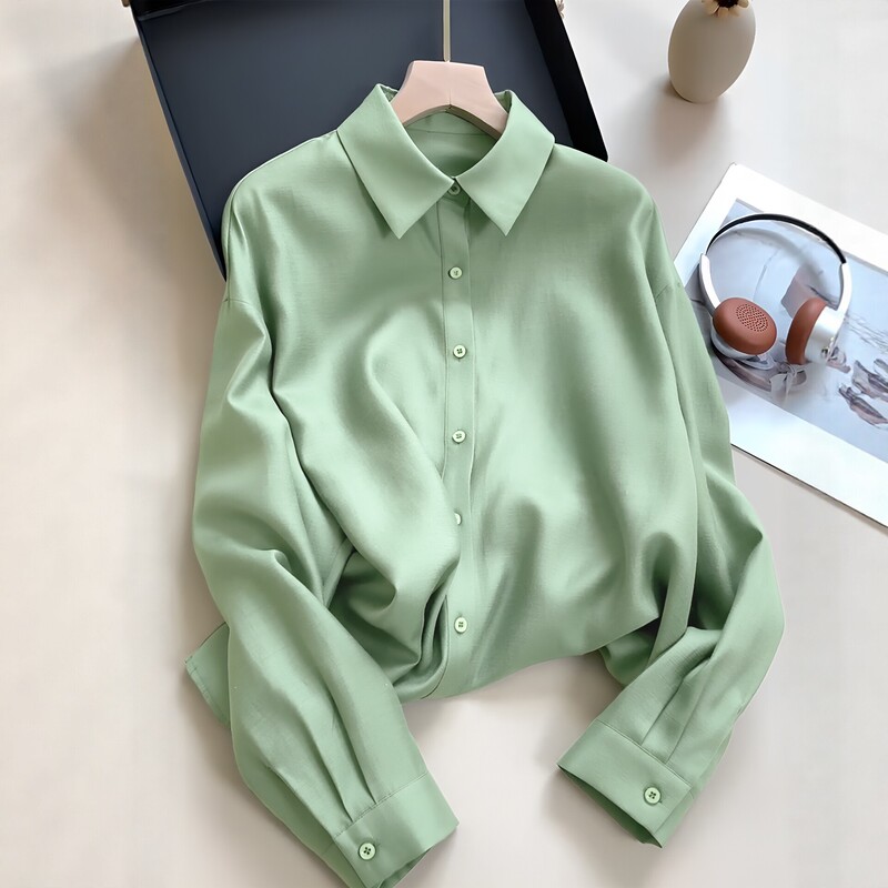 Light Green Chiffon Shirt for Women, New Spring and Autumn Korean Style, Loose Fit, Elegant, Simple, Long-Sleeved, Professional Workwear, Interview Top