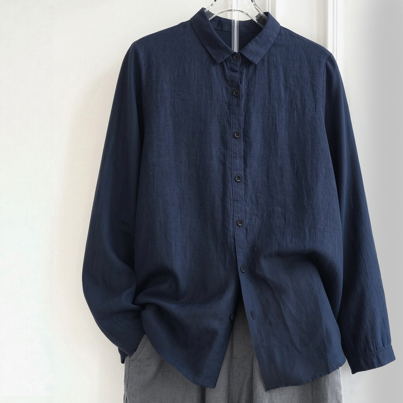 Retro Navy Blue Lapel Shirt for Women, Spring & Fall New Style, Versatile Long-Sleeved Loose and Lazy Style Pure Cotton Imitation Linen Top