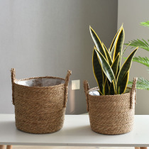 Pastoral style seagrass woven handmade flower basket with handle rattan decorative flower pot large dirty clothes basket clothes storage basket