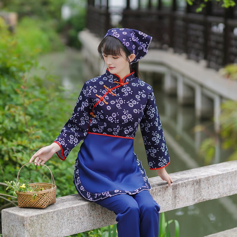 A Qing's Tea-Picking Dance, Rural Girl Internet Celebrity Floral Dress, Country-Style Women's Clothing, 70S Nostalgic 80S Ethnic Performance Costume