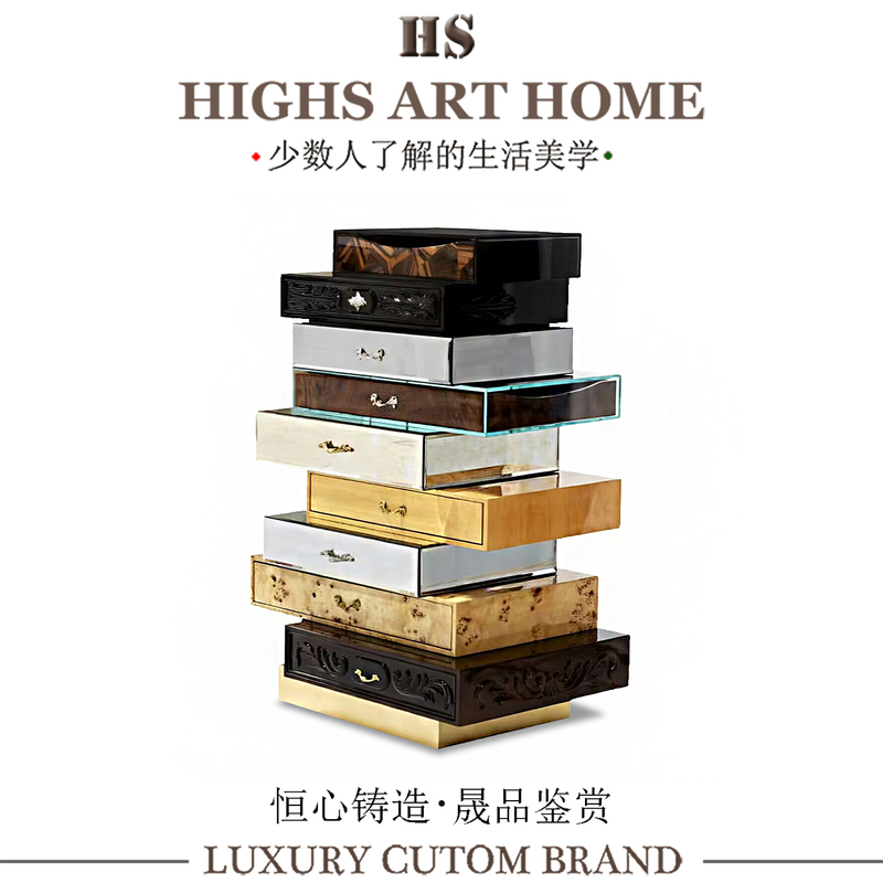 Italian Light Luxury Style Chest of Drawers, Multi-Drawer High-End Solid Wood Irregular Storage Cabinet, Villa Designer Side Cabinet