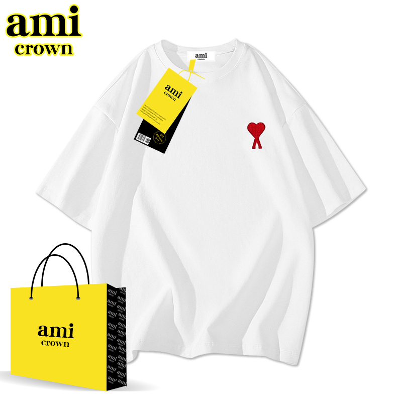 Ami Crown Official Heart-Shaped T-Shirt for Couples, Trendy Half-Sleeve Loose Top, Short-Sleeve Men's Fashion Brand