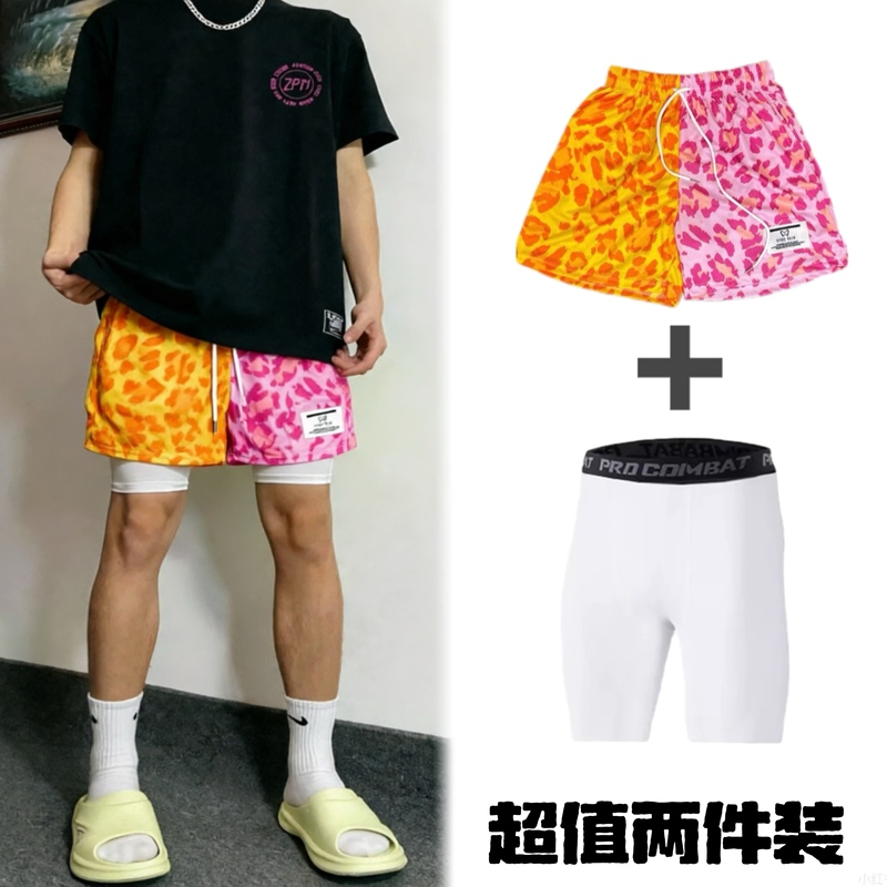 Trendy New Patchwork Pink Leopard Print American-Style Shorts for Men, Sports Quick-Dry Lined Basketball Shorts, Knee-Length or Shorter