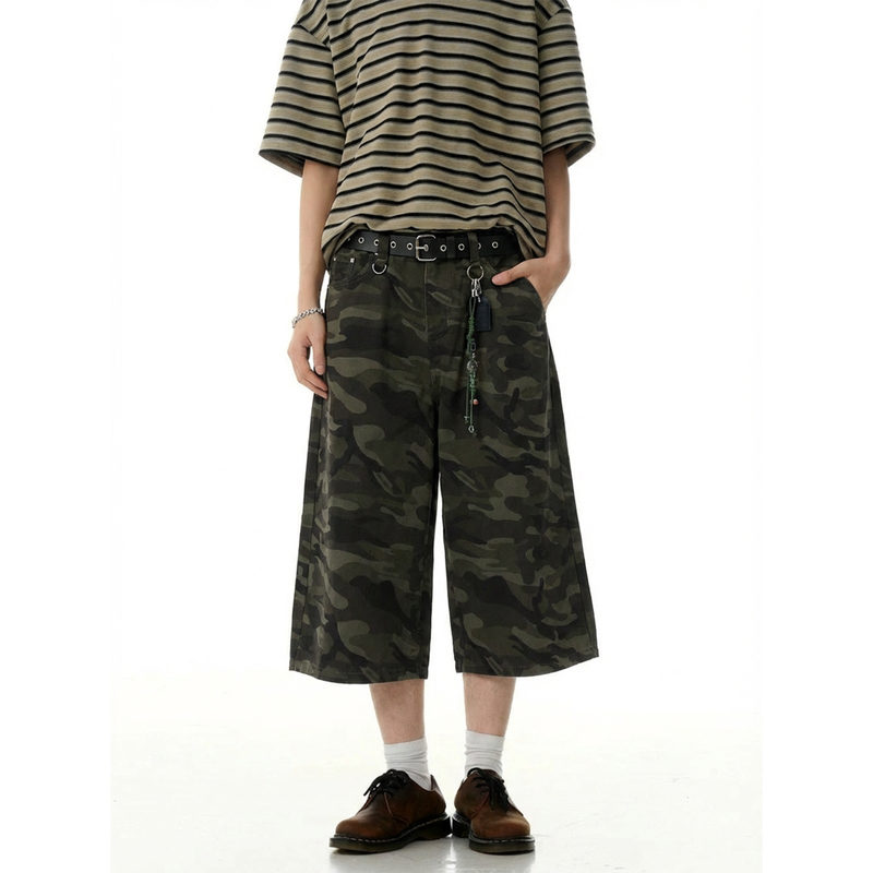 Motilren High Street Camouflage Cropped Jeans Unisex American Style Washed Cleanfit Casual Wide-Leg Shorts
