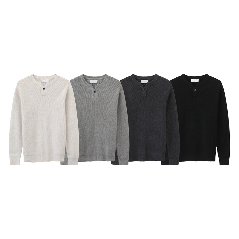 Motilren Relaxed Drop Shoulder Henley Collar Sweater Ribbed Texture Wool Blend Unisex Base Knit Top