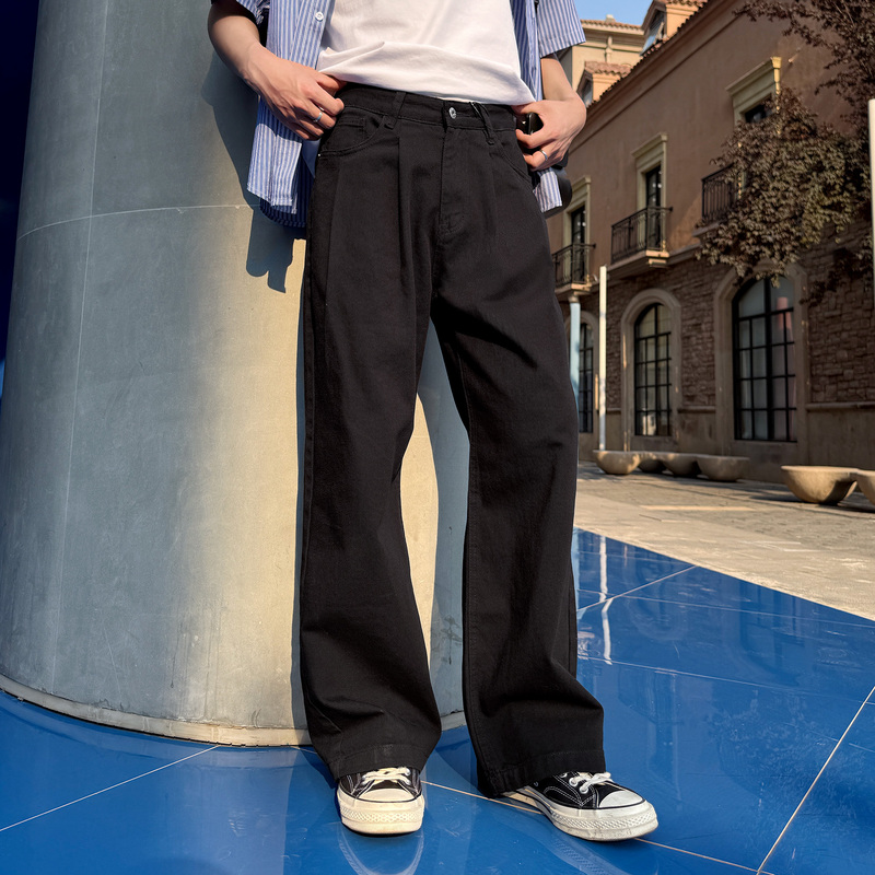 Overseas Youth American Retro Loose Straight Denim Pants Cleanfit Tall and Slim Black Casual Pants for Men