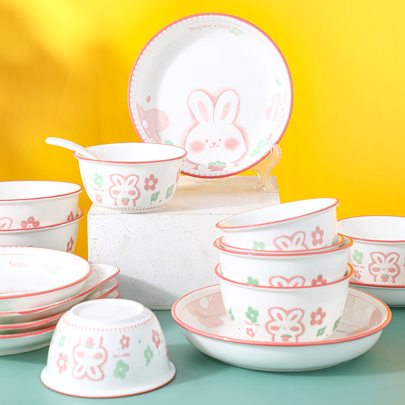 2-4 Person Bowl and Plate Set, Household Ceramic Tableware, Creative and Unique Pink Cute Rabbit Bowl and Plate Couple Set, Bowl and Chopsticks Combination