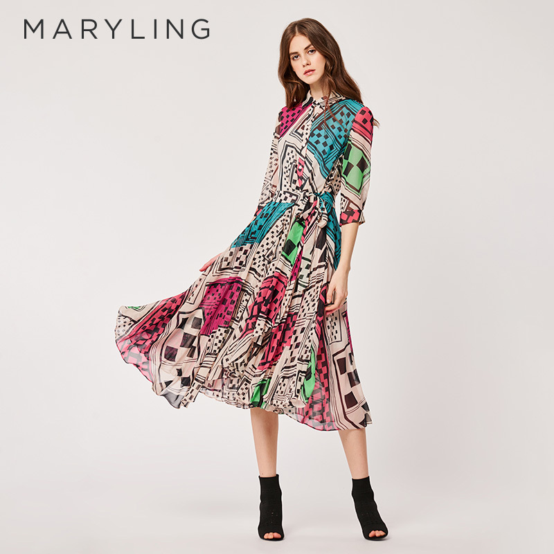 Maryling Summer Style Retro Elegant Geometric Print Shirt Collar Dress A1Bb65750