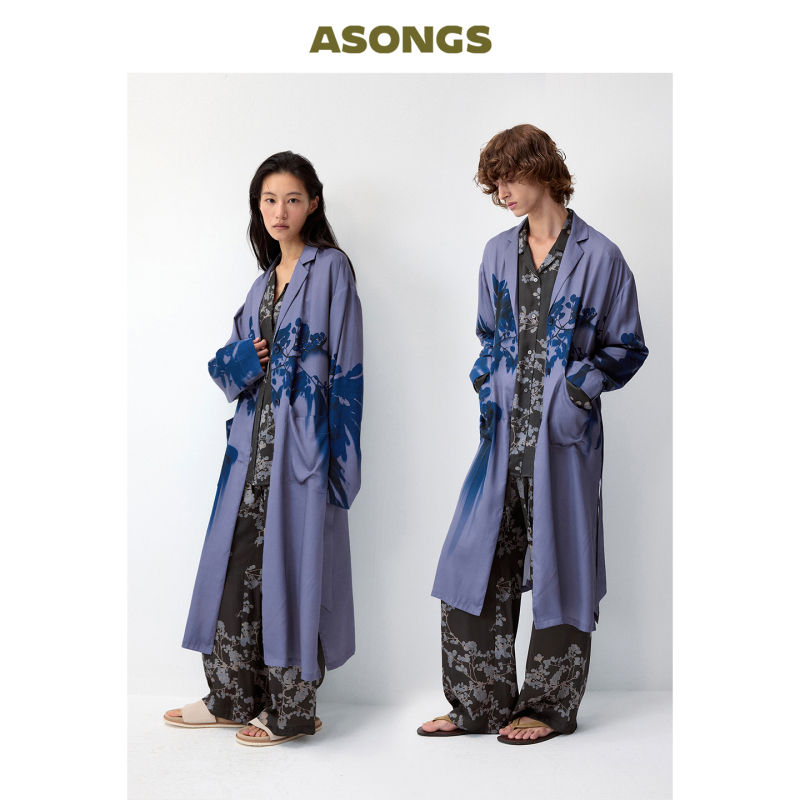 Gray and Purple Flowing Shadow Print Nightgown|Asongs|Men and Women Vacation Couple Loungewear Can Be Worn in All Seasons Gray and Purple Flowing Shadow Print Nightgown|Asongs|Men and Women Vacation Couple Loungewear Can Be Worn in All Seasons