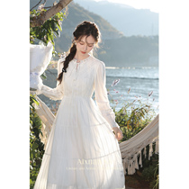 Deer pegged to a slightly fat size woman dress white long dress Summer Fat mm Fab-style temperament collection waist cover long sleeve dress