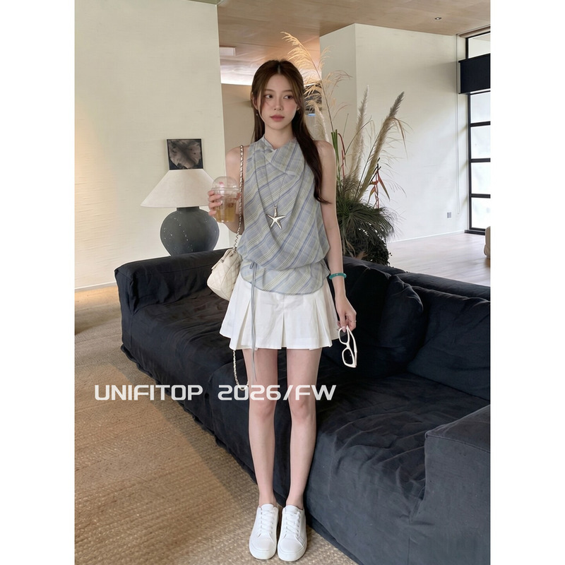 Unifitop Korean-Style Blue Plaid Sleeveless Shirt for Women, New Summer Style with a Draped Collar and Halter Neck Tank Top
