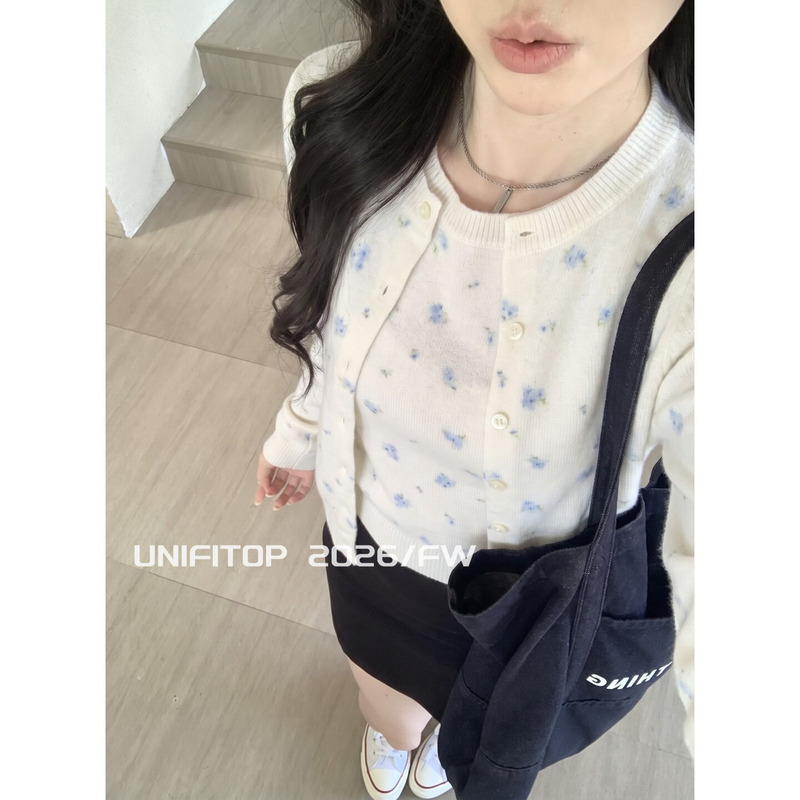 Unifitop Korean-Style Floral Knitted Cardigan for Women, Autumn Gentle Style, Slim Fit, Short-Sleeved Top Two-Piece Set