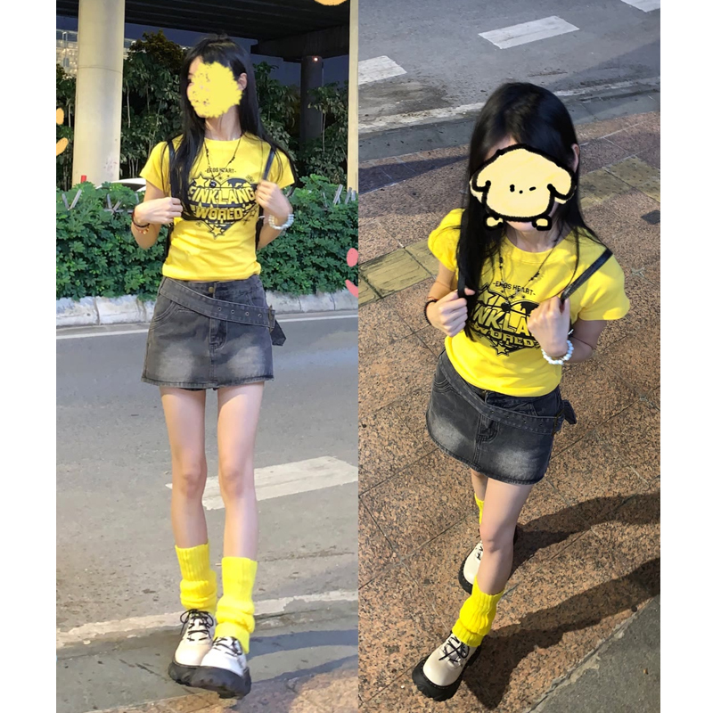 American Retro Yellow Short-Sleeved T-Shirt for Women, Summer Design, Niche, Slim Fit, Slimming, Hot Girl Short Top