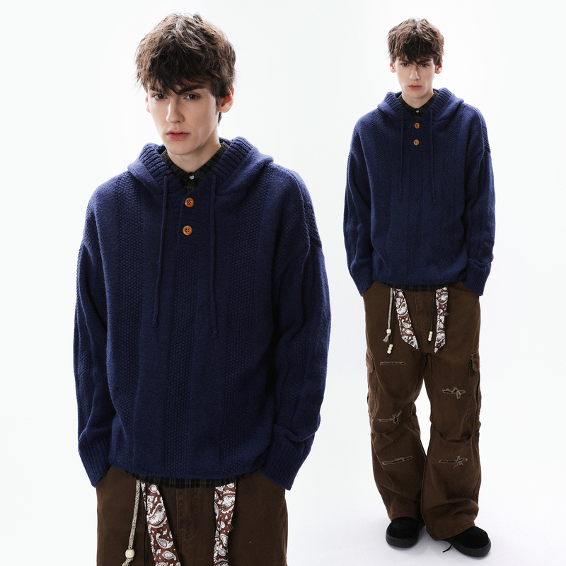 Ravenoasis American Vintage Hooded Drawstring Sweater for Men and Women, Retro Casual Loose Inner Knitwear Ravenoasis American Vintage Hooded Drawstring Sweater for Men and Women, Retro Casual Loose Inner Knitwear