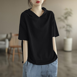 2025 New Summer Pure Cotton Short-Sleeved T-Shirt Women's Versatile Korean Style Loose Hooded Age-Reducing Belly-Covering Pure Color Top