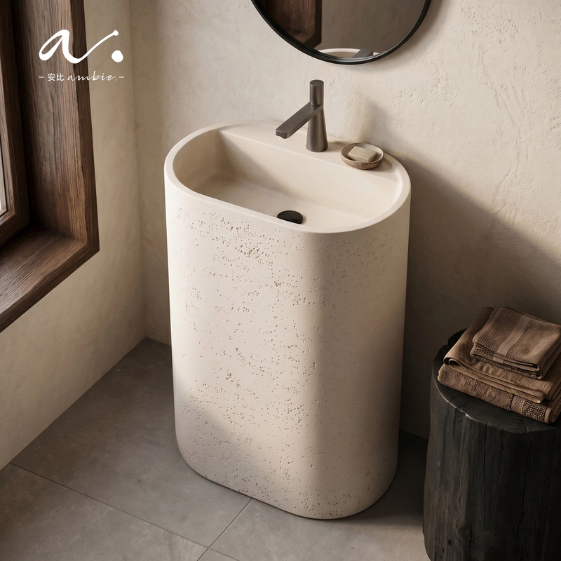 Anbi Wabi-Sabi Style Cave Stone Pedestal Basin for Guesthouses, Outdoor Use, Home Bathroom, Freestanding Oval Integrated Washbasin Anbi Wabi-Sabi Style Cave Stone Pedestal Basin for Guesthouses, Outdoor Use, Home Bathroom, Freestanding Oval Integrated Washbasin
