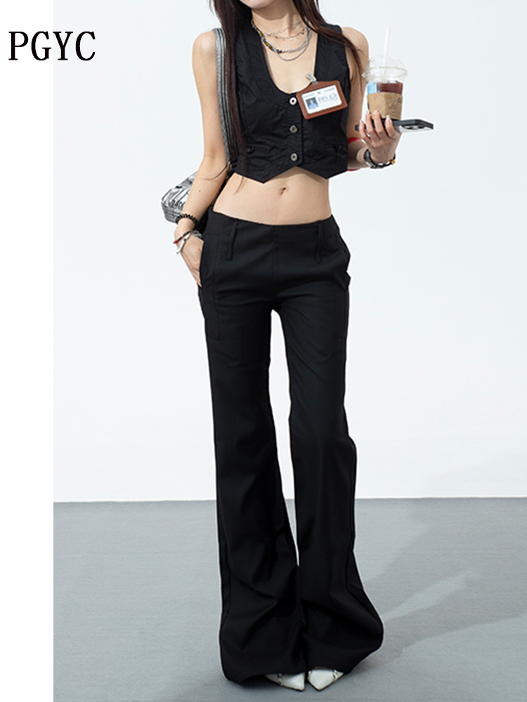 黑色低腰西装微喇裤女2025春夏新款辣妹修身显瘦百搭直筒休闲裤子