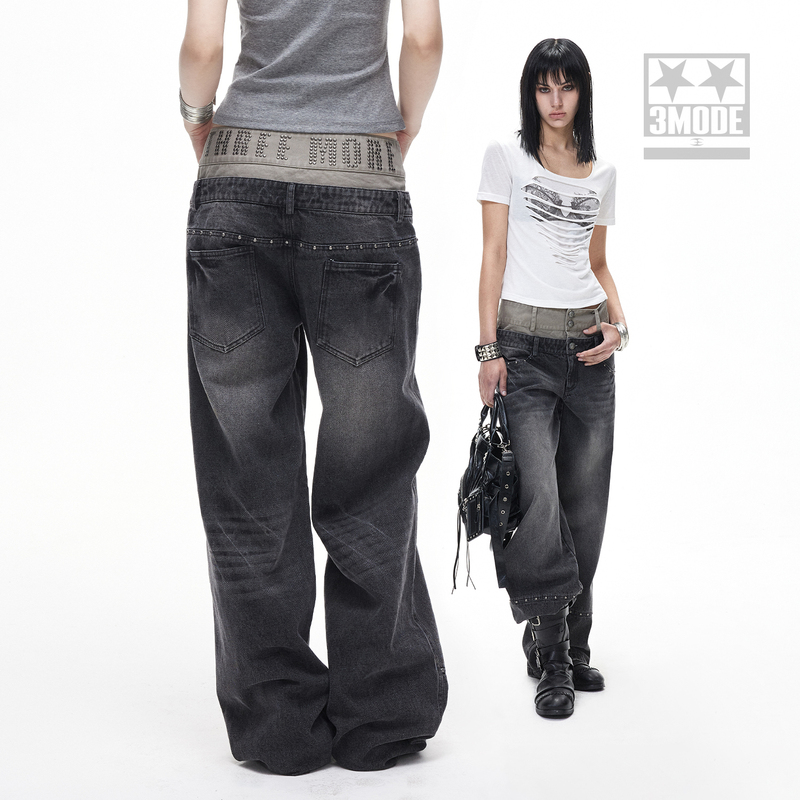 3Mode Rivet Double Waistband Wide-Leg Jeans for Women, Distressed Washed Gray, Slimming, Versatile, Loose Straight-Leg Pants 3Mode Rivet Double Waistband Wide-Leg Jeans for Women, Distressed Washed Gray, Slimming, Versatile, Loose Straight-Leg Pants