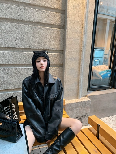 Lilylikes- 【Пятно】 Папотный автомобильный кожа кожаный ретро-силуэт лацкат Большая карманная локомотивная кожаная куртка