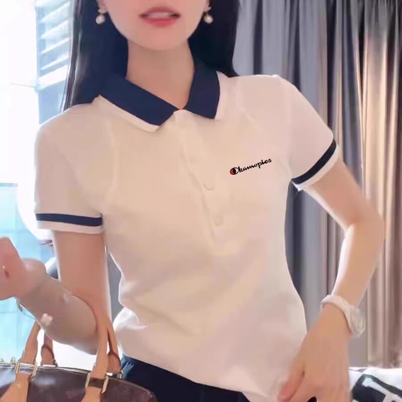 Japanese Style Champion Bean Embroidery College Style Polo Shirt T-Shirt for Women, New Summer Versatile Loose Slimming Casual Short Sleeve