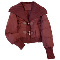 Burgundy short lightweight down jacket for women 2023 winter new navy lapel stitching small thickened jacket