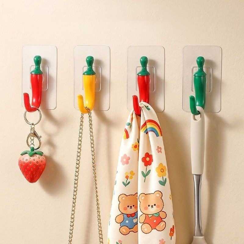 Creative Chili-Shaped Hooks for Home Use, Wall-Mounted, No-Drill Key and Clothes Hooks, Multi-Purpose Adhesive Storage Hooks