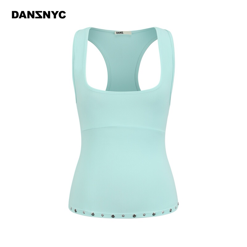 Danznyc Summer Skin-Friendly Stretchy Sporty Tight-Fitting Shaping Tank Top with Rivets, Deep U-Neck and Wide Shoulder Straps