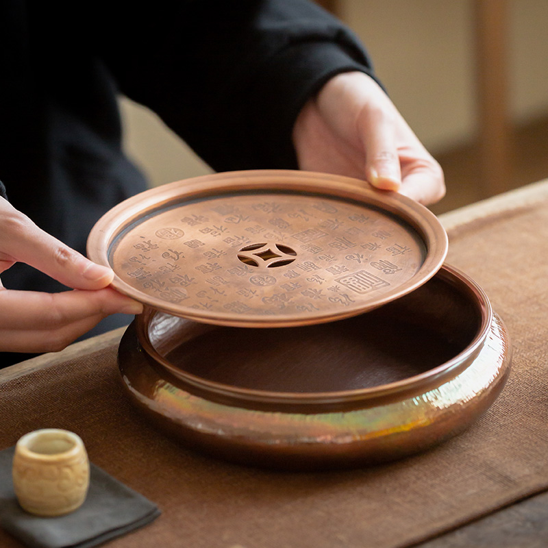 Antique copper pot bearing tea tray are it foster pot pot base hand made hammer dry mercifully tea cups to wash